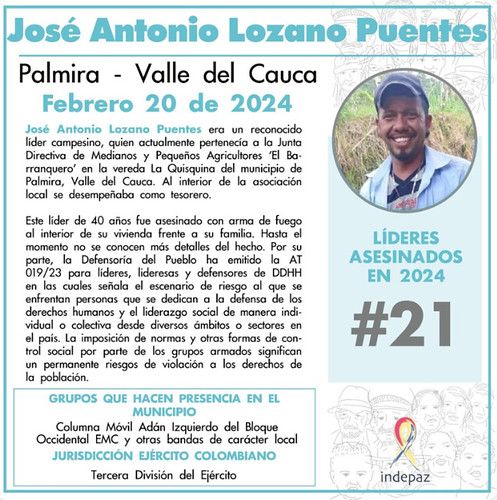 Otro líder social asesinado impunemente en Colombia y van 21 Otro líder social asesinado impunemente en Colombia y van 21